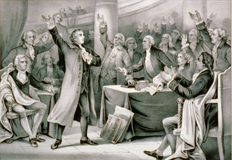 lithograph imagining Patrick Henry's Liberty or Death speech in Richmond, March 23, 1775