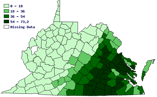 in 1860, the lowest percentage of Virginia's population held in slavery was west of the Blue Ridge