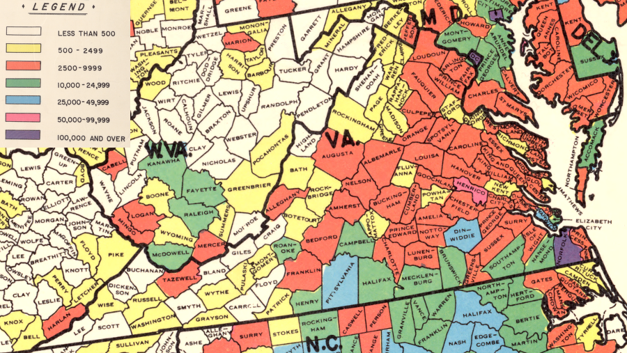 in 1950, almost everyone living west of the Blue Ridge was white; only Tazewell, Roanoke, Allegheny, and Augusta had more than 2,500 African-American residents
