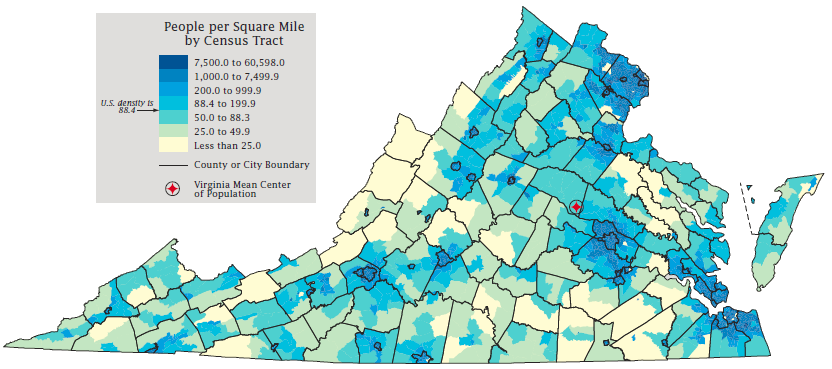 Virginia population density in 2010, by Census Tract, shows Virginia's rural areas (with low-density population) and the urban areas (where people are concentrated together)