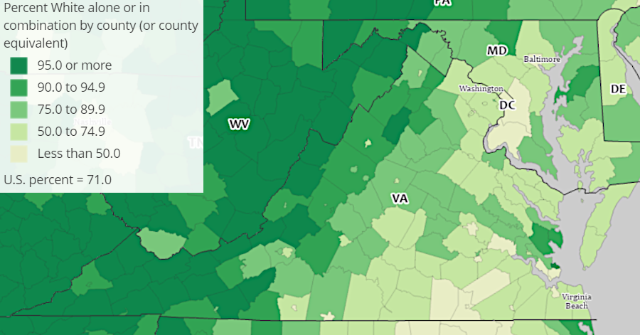 racial diversity west of the Blue Ridge is far lower than east of the mountains