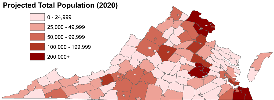 between 2020-2040, all of the Virginia jurisdictions with a population exceeding 200,000 are projected to be in the urban crescent from DC to Hampton Roads