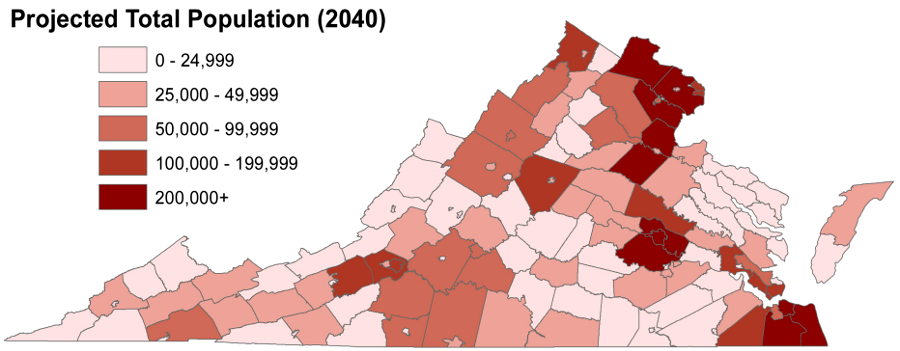 between 2020-2040, all of the Virginia jurisdictions with a population exceeding 200,000 are projected to be in the urban crescent from DC to Hampton Roads
