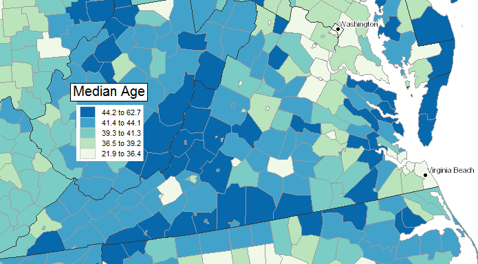 median age in different Virginia jurisdictions