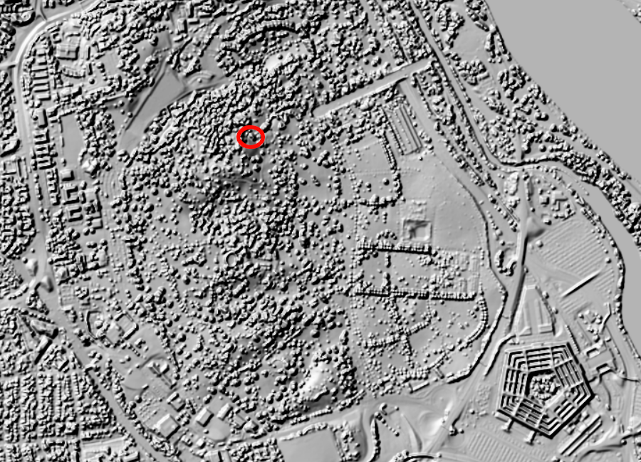 LIDAR reveals the topography around the Custis/Lee mansion house (red circle) at Arlington Cemetery
