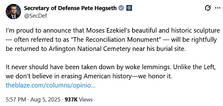 President Trump's Secretary of Defense decided to restore The Reconciliation Monument to Arlington National Cemetery in August, 2025