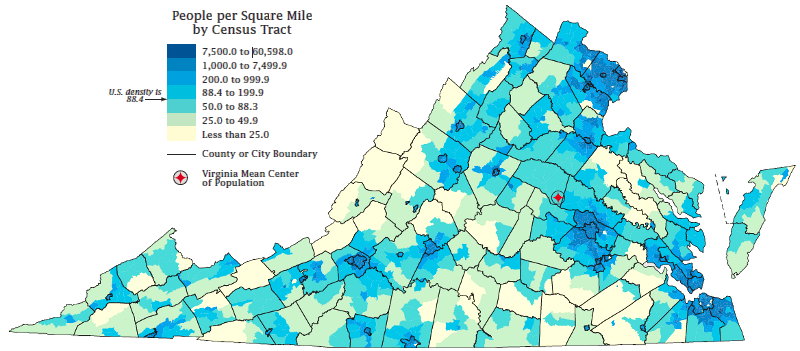 Virginia population density in 2010, by Census tracts