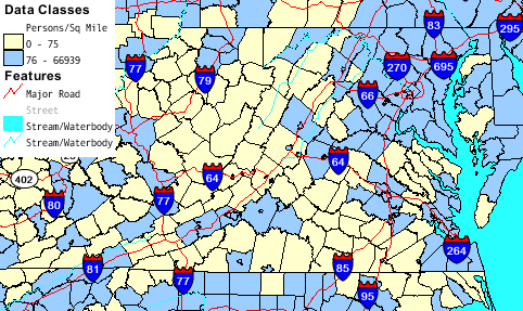 Virginia cities and counties with population density greater than 75 people/square mile