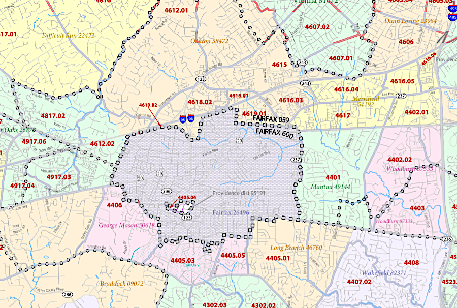 Census tract boundaries in Fairfax County do not extend into the independent City of Fairfax, but do include the judicial center which is county land completely surrounded by the city