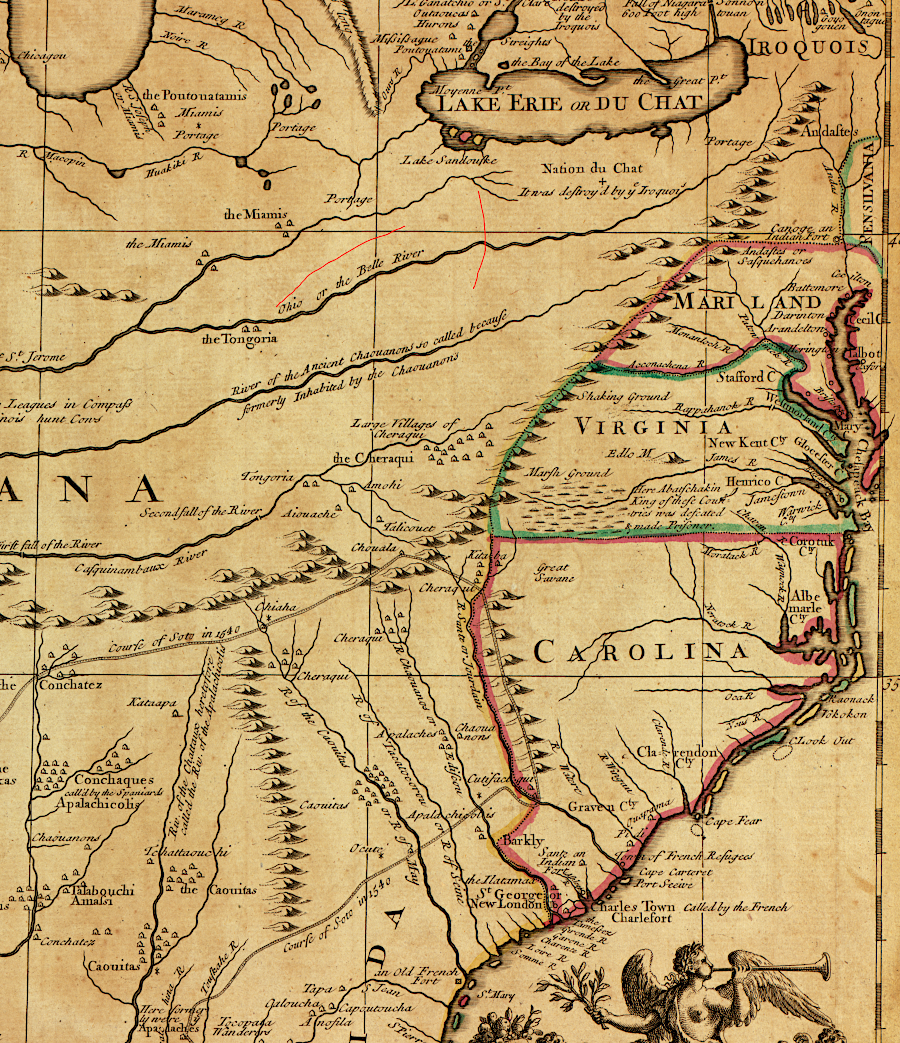 an English translation of a 1718 map by Guillaume de L'Isle depicted the English colonies as limited by the Appalachians, leaving the interior open to French claims
