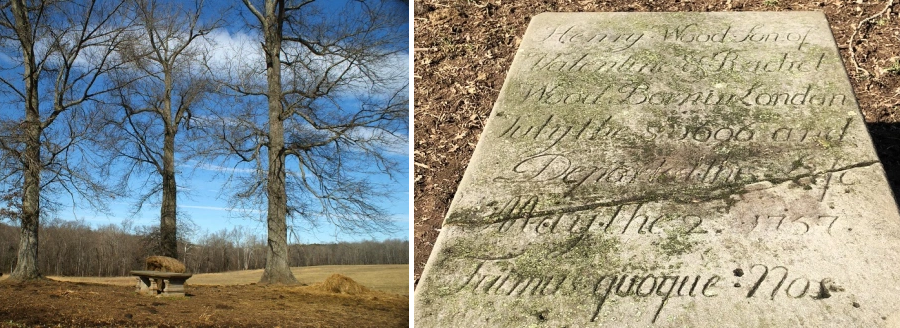 the tomb of Henry Wood, first Clerk of the Court in Goochland County, is on an isolated hilltop
