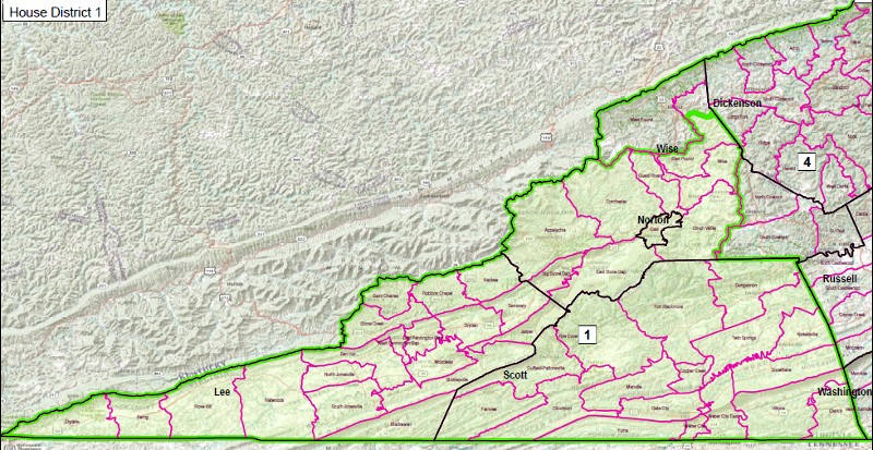 after the 2011 redistricting, District 1 of the House of Delegates included the entire southwestern tip of Virginia