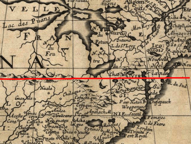 1650 map showing Lake Erie to be south of 40th degree of latitude