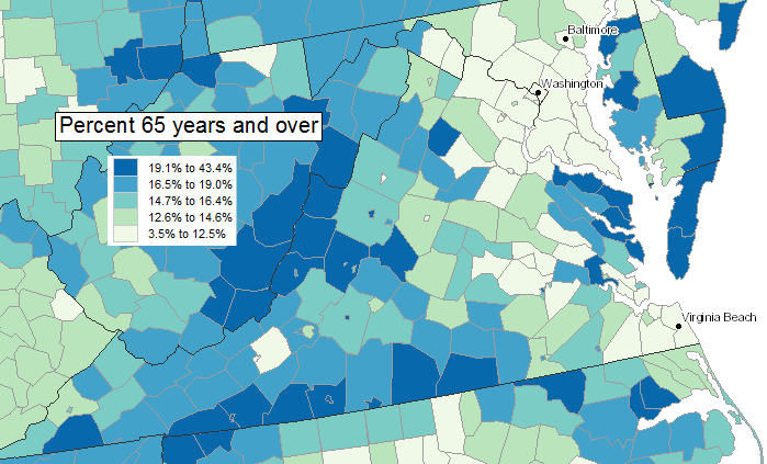 the western half of Virginia has a higher percentage of older people - think young people after high school have migrated to the urban areas in Northern Virginia, Richmond, and Hampton Roads, or did retirees move to the country?