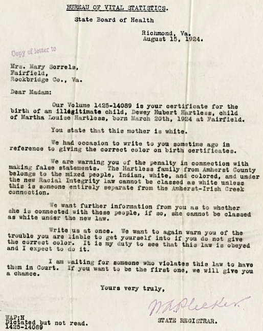 Dr. Walter Plecker actively used his position in state government to preserve what he considered to be pure white heritage