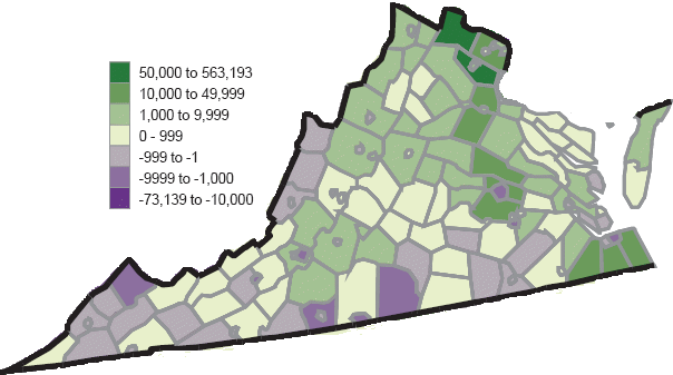 total population growth/decline in Virginia, 2000-2005
