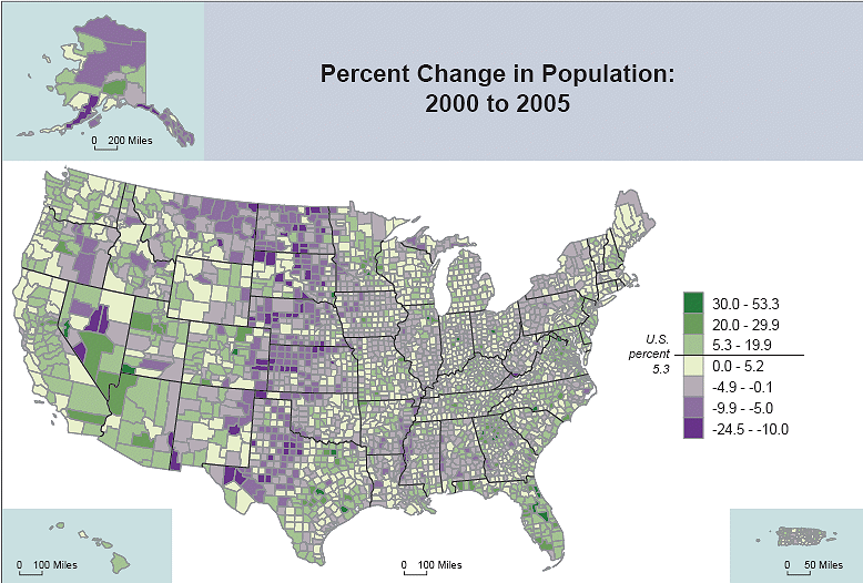 rate of population growth/decline in United States, 2000-2005
