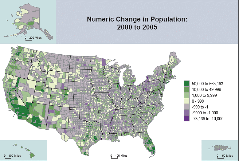 total population growth/decline in United States, 2000-2005