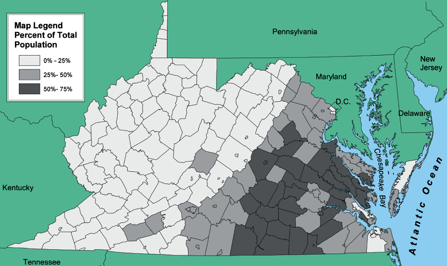 in 1860, the Blue Ridge defined a clear boundary in different counties regarding the percentage of slaves in the population