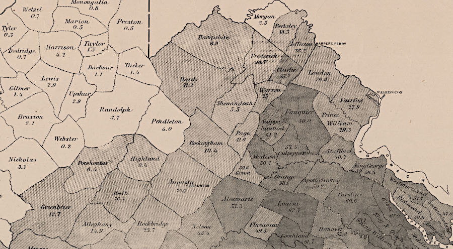 the western counties of Virginia had a much lower percentage of enslaved people in the 1860 Census