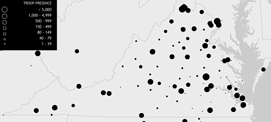 US Army posts during military ocupation were scattered at different times across the state