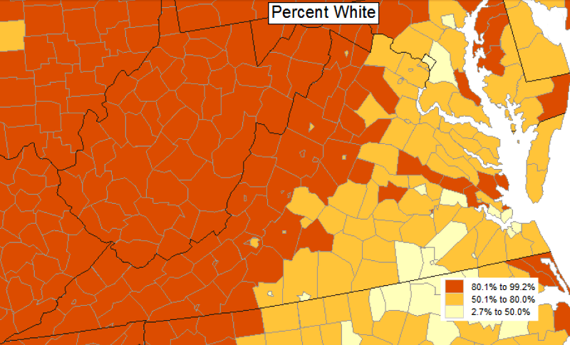 west of the Blue Ridge, all counties - and most cities - are over 80% white in racial composition