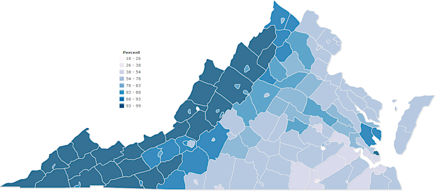 the percentage of residents identifying as white-only varies across Virginia