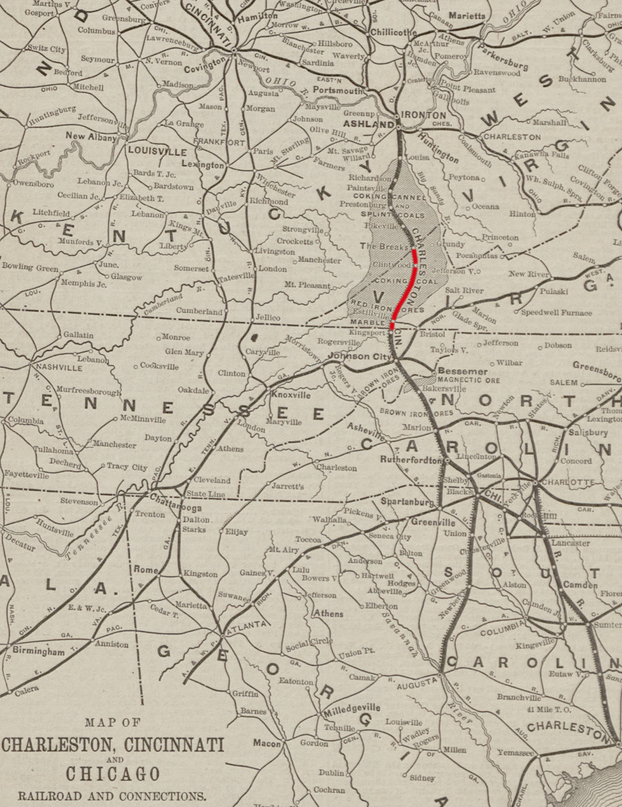 the Charleston, Cincinnati and Chicago Railroad was planned to cross the Clinch River coal fields between Kingsport, Tennessee and Elkhorn City, Kentucky
