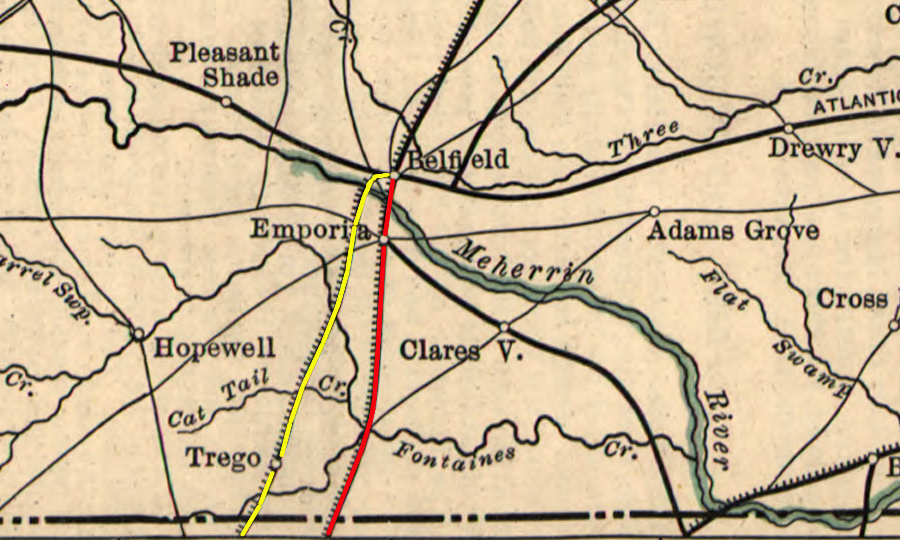 the Greensville and Roanoke Railroad (yellow) linked Hickford to Gaston, while the Petersburg Railroad (red) linked to the Roanoke River further downstream at Weldon