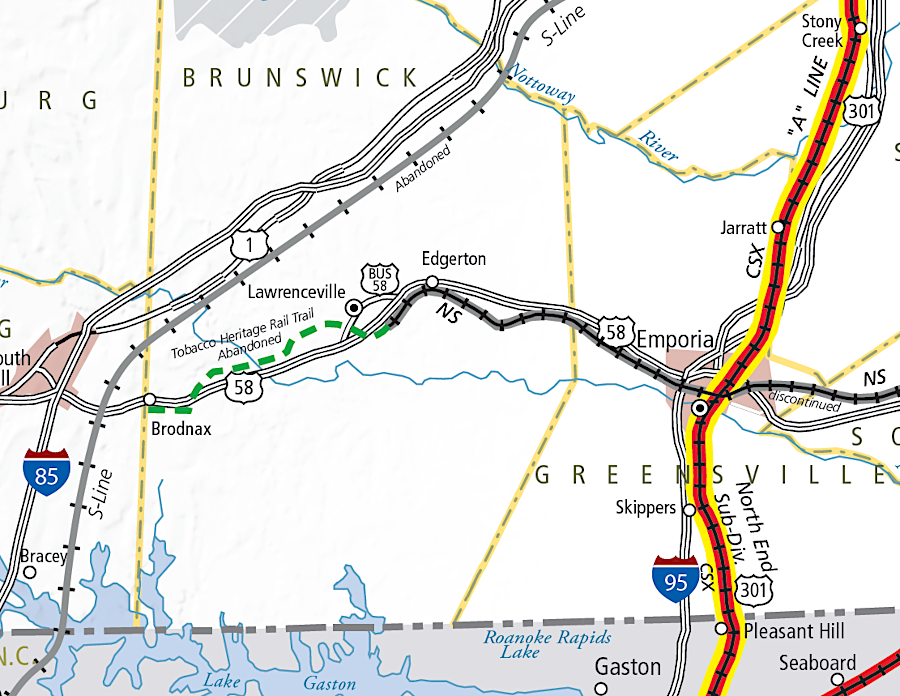 the Norfolk, Franklin & Danville Railway west of Lawrenceville is now being developed as the Tobacco Heritage Trail