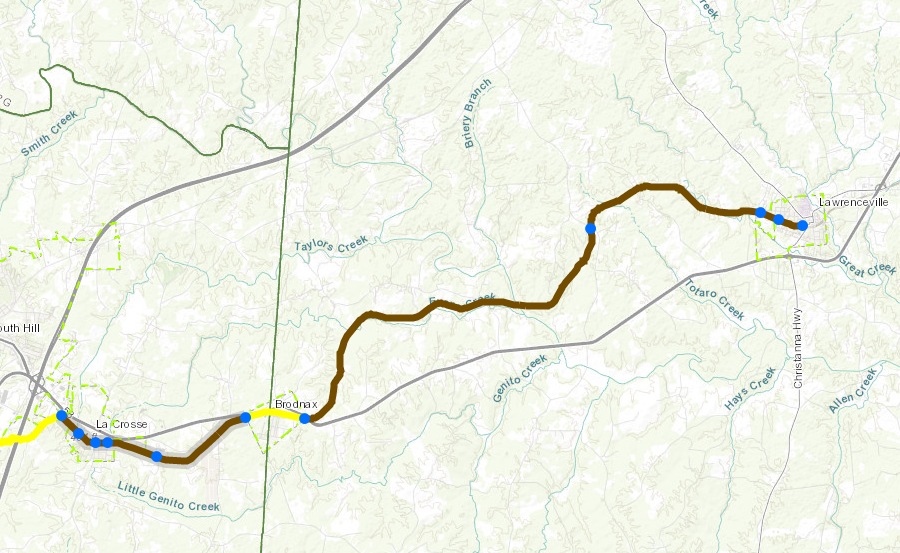 the Tobacco Heritage Trail uses the Atlantic & Danville Railroad route from Lawrenceville-La Crosse