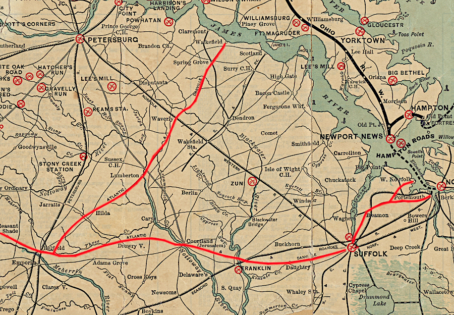 the Atlantic and Danville Railway includes lines to the James River and West Norfolk in 1891
