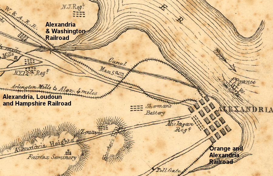 the Union Army seized Alexandria at the start of the Civil War in 1861 and finally connected the Orange and Alexandria Railroad; the Alexandria, Loudoun and Hampshire Railroad; and the Alexandria & Washington Railroad