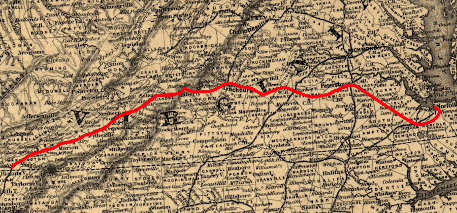 the Atlantic, Mississippi & Ohio Railroad combined three railroads to connect Norfolk to Bristol