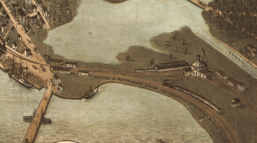 the Norfolk station of the Atlantic, Mississippi and Ohio Railroad in 1873