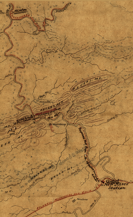 the Atlantic, Mississippi & Ohio Railroad planned to build along the New River to connect with the Chesapeake and Ohio Railroad in Hinton, West Virginia