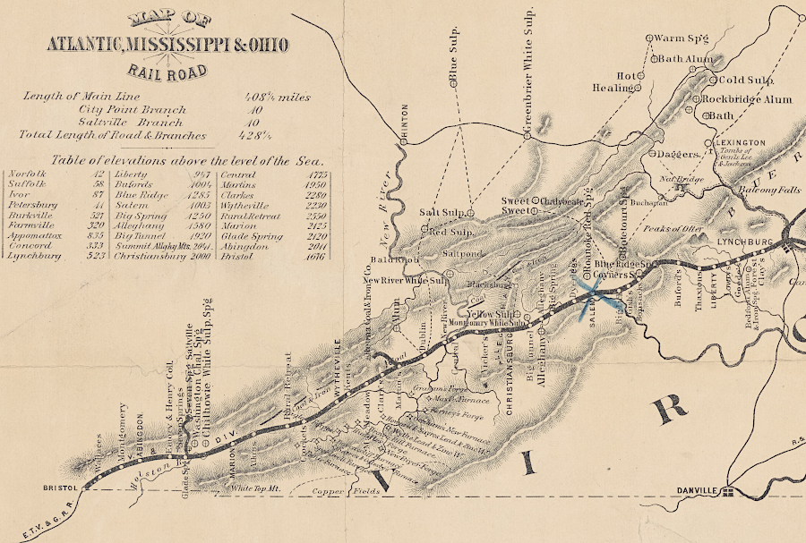 the Virginia and Tennessee Railroad became the western end of the Atlantic, Mississippi and Ohio Railroad in 1870
