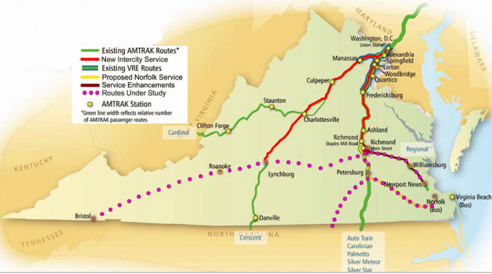 Passenger rail routes in Virginia, operational and planned as of 2010, showing expansion to Norfolk that was implemented in 2012 (other purple dots show proposed extension of Amtrak to Roanoke, Bristol-Richmond connection, and high-speed rail south to Raleigh)