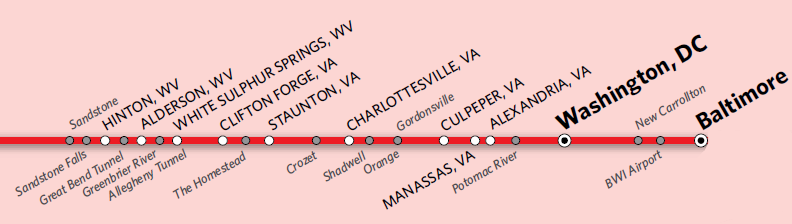 stations in Virginia where Amtrak's Cardinal passenger trains stop