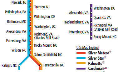 stations in Virginia where the Silver Meteor, Silver Star, Palmetto, and Carolinian passenger trains stop