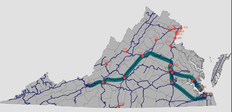 Amtrak stations in 2020, before expansion to Christiansburg