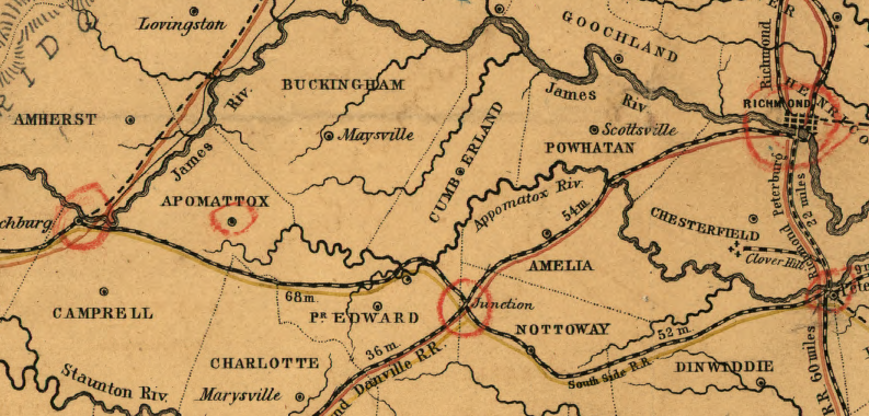 in 1865, the South Side railroad linked Petersburg with Lynchburg and intersected the Richmond and Danville Railroad at Burkeville (Junction)