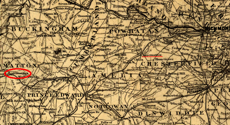 this 1869 map includes a second Appomattox station, but the famous one was on the South Side railroad and not the Richmond and Danville Railroad in 1865