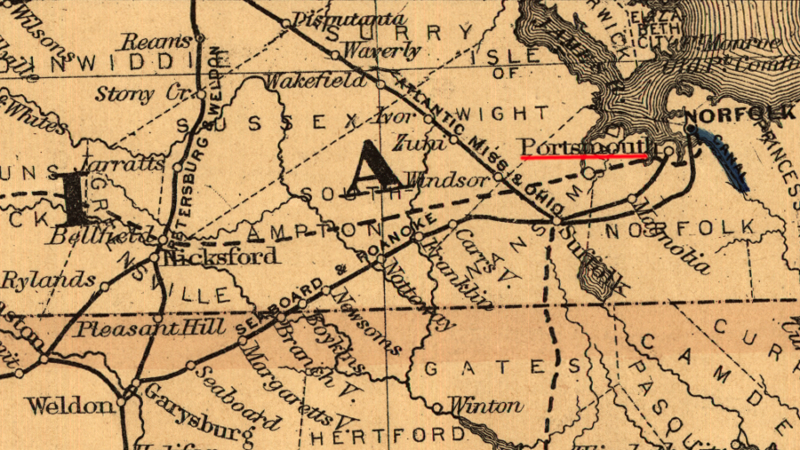 a proposal for building a new railroad west of Portsmouth (dashed line) into the Piedmont was clear by 1874