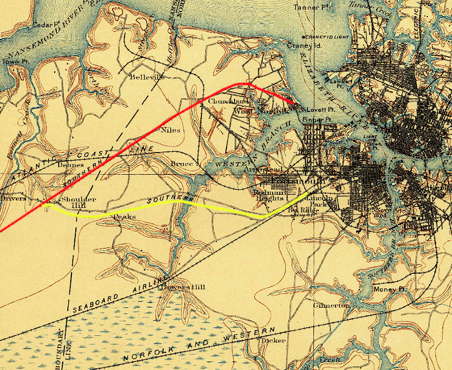 the Atlantic and Danville Railroad built track to a terminal at West Norfolk (red), then a branch to Portsmouth (yellow)