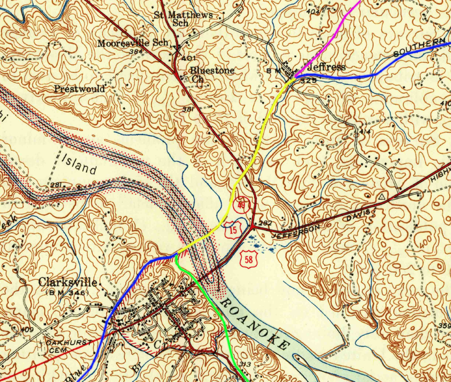the Atlantic and Danville Railway (blue line) leased track (yellow) built originally by the Richmond and Mecklenburg Railroad (purple) connecting to the Oxford and Clarksville Railroad (green)
