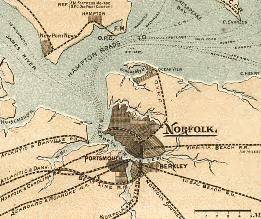the Atlantic & Danville Railroad built two lines to separate wharves on the west side of the Elizabeth River