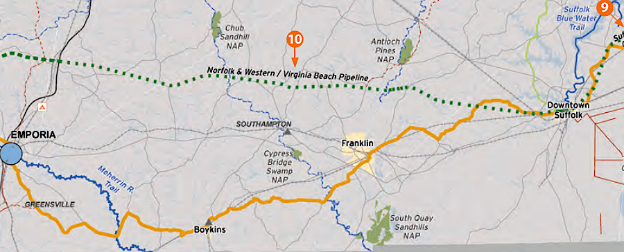 the original Atlantic & Danville Railroad right-of-way beween Suffolk-Emporia is intended to become the Beaches to Bluegrass Trail