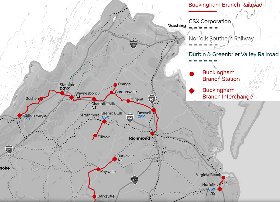 the Buckingham Branch Railroad is the largest short line railroad in Virginia, with over 280 miles of track in four divisions