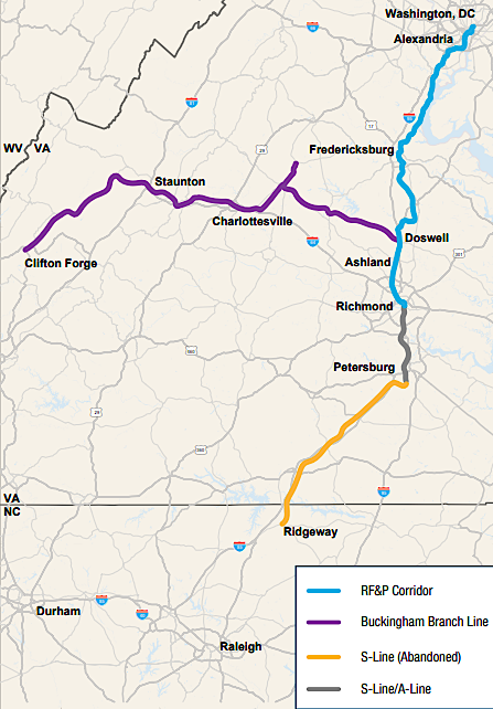 Virginia committed to continued use by the Buckingham Branch Railroad of the Doswell-Clifton Forge track (purple) that the state agreed to purchase in 2019